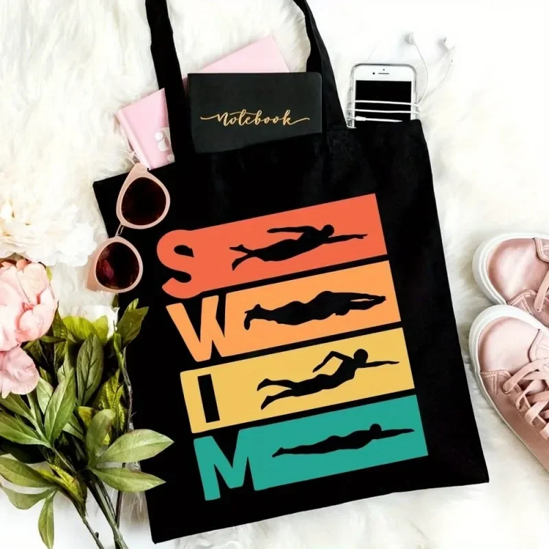 Swim Themed Tote Bag Retro Swimmer Print Reusable Bag for Swimmers Pool Days and Beach Trips