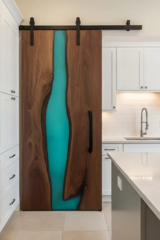 Handmade Solid Walnut Wood Door with Live Edge High-Quality Blue Epoxy Resin River Sliding Barn Door