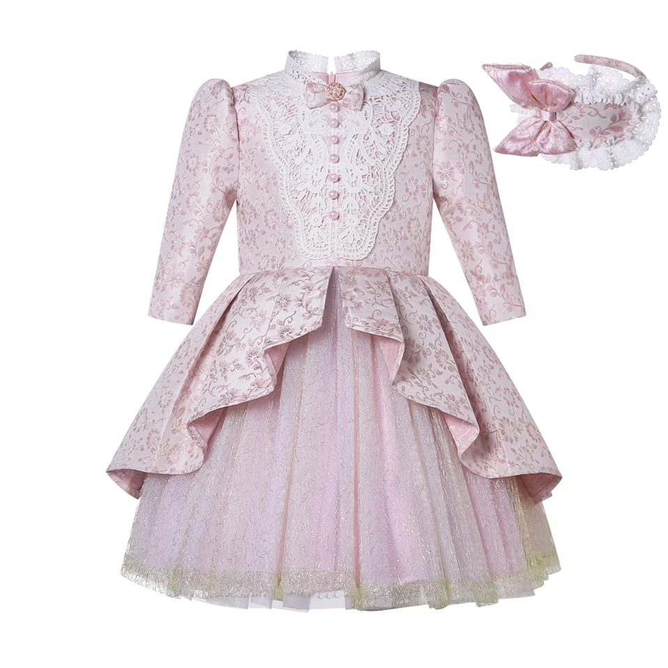 Pettigirl Children Clothes Girls Pink Princess Lace Tulle Jacquard Wedding Birthday Holidays Party Dresses & Hairband Size 2-12Y