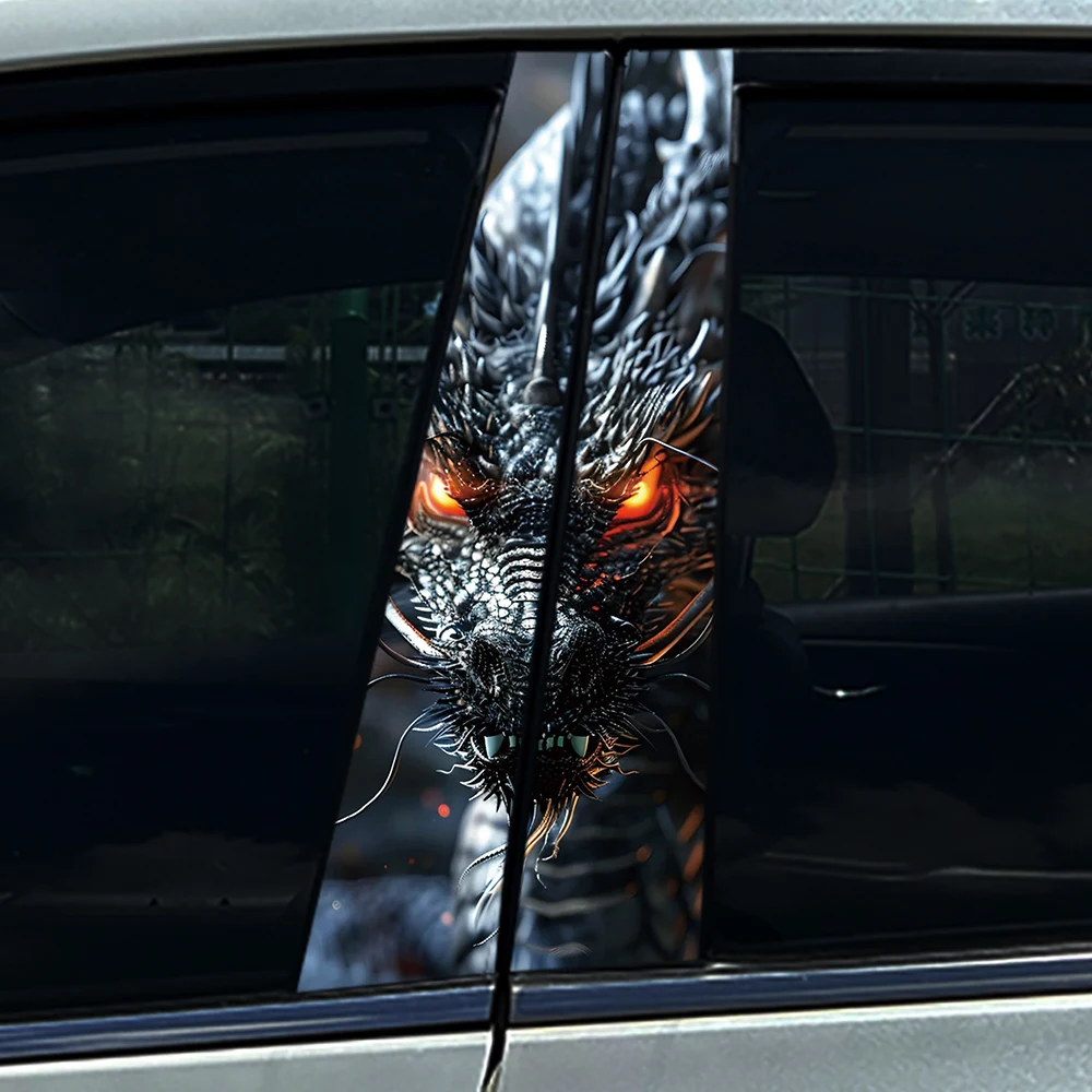2 Stück Ästhetische Dunkle Chinesische Drachen Auto B-Säulen-Aufkleber Feueraugen-Muster Vinyl-Sticker Auto-Außenstyling-Zubehör