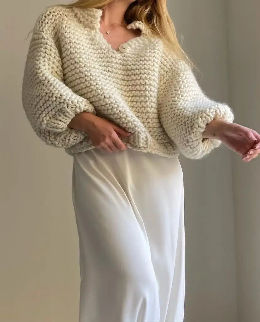 Korean pullover new loose style white knitted women's style pure handmade western-style lazy style sweater jacket for women