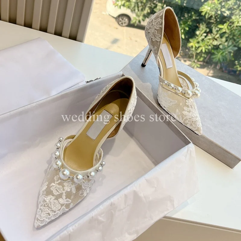 Embroidered Lace Pearl Heels Women High Heels Shallow Mouth Pointed Toe High Heels Luxury New Single Shoes Women Pumps Wedding