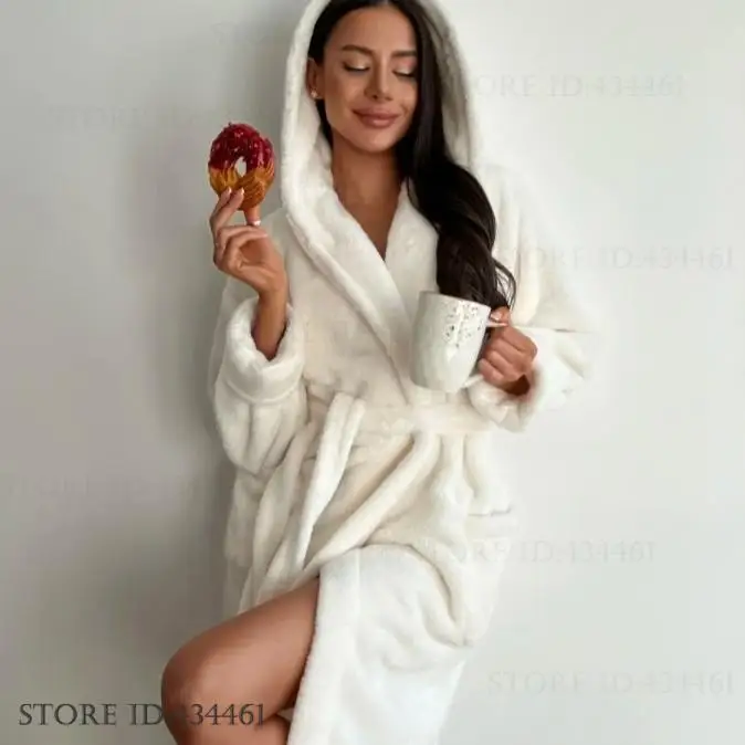 

Зимний толстый фланелевой халат с капюшоном, женская одежда для сна, кимоно, халат, повседневная теплая ночная одежда, домашнее платье, домашняя одежда из кораллового флиса