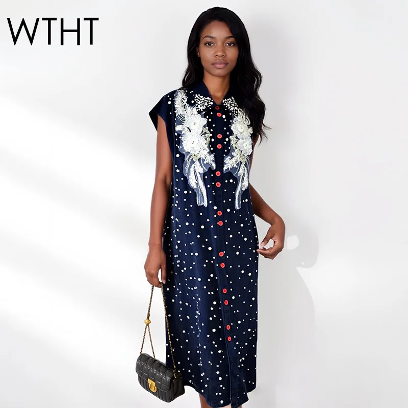 

WTHT модное женское джинсовое платье с жемчугом и бриллиантами, кружевное джинсовое платье с цветочным дизайном, осень 2022, платья без рукавов с лацканами, женские 1LS2698