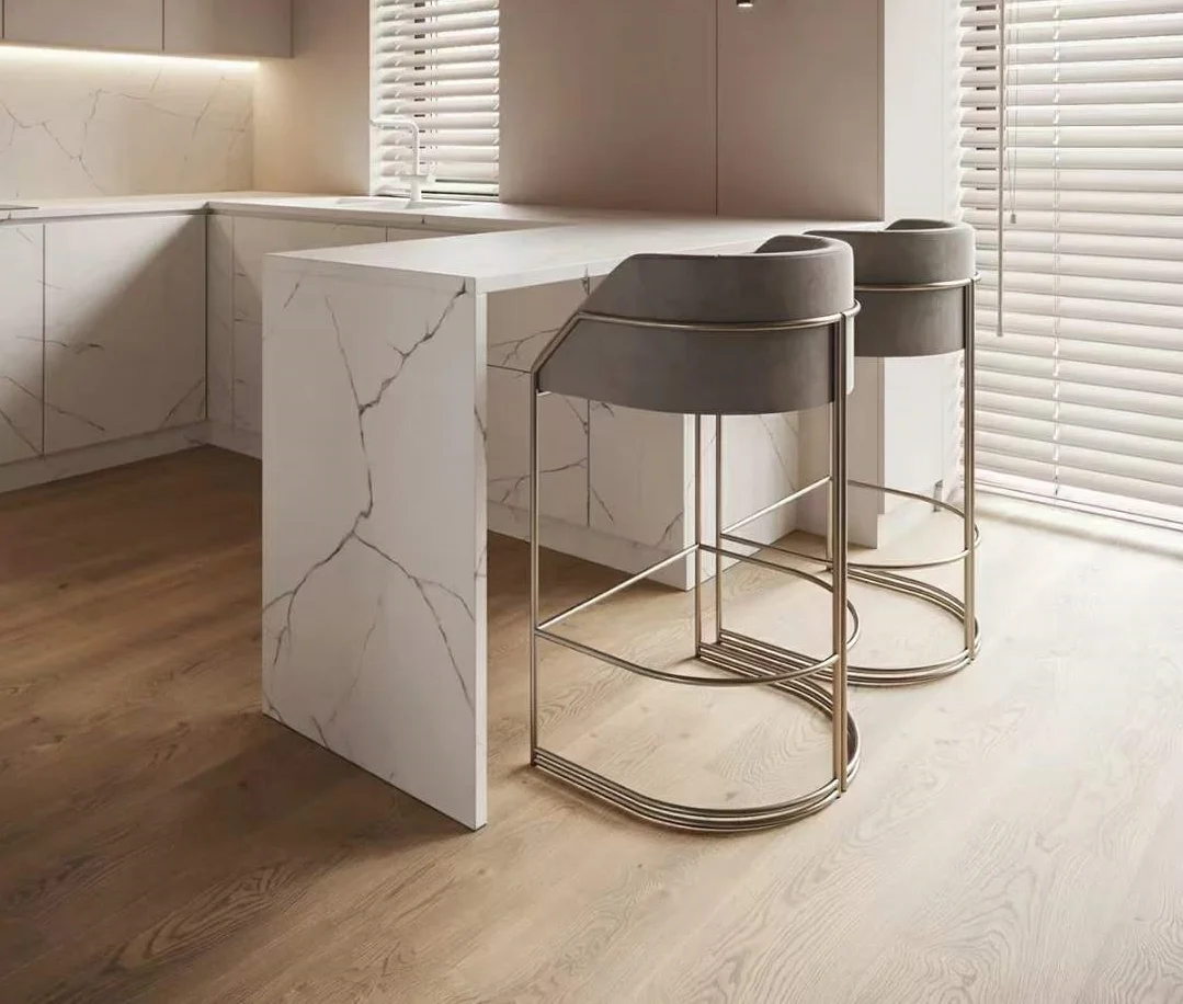 fA-New Designed Kitchen Furniture Chrome Legs Counter Stool Stainless Steel Velvet Bar Chair for Home Bar Restaurant Use·