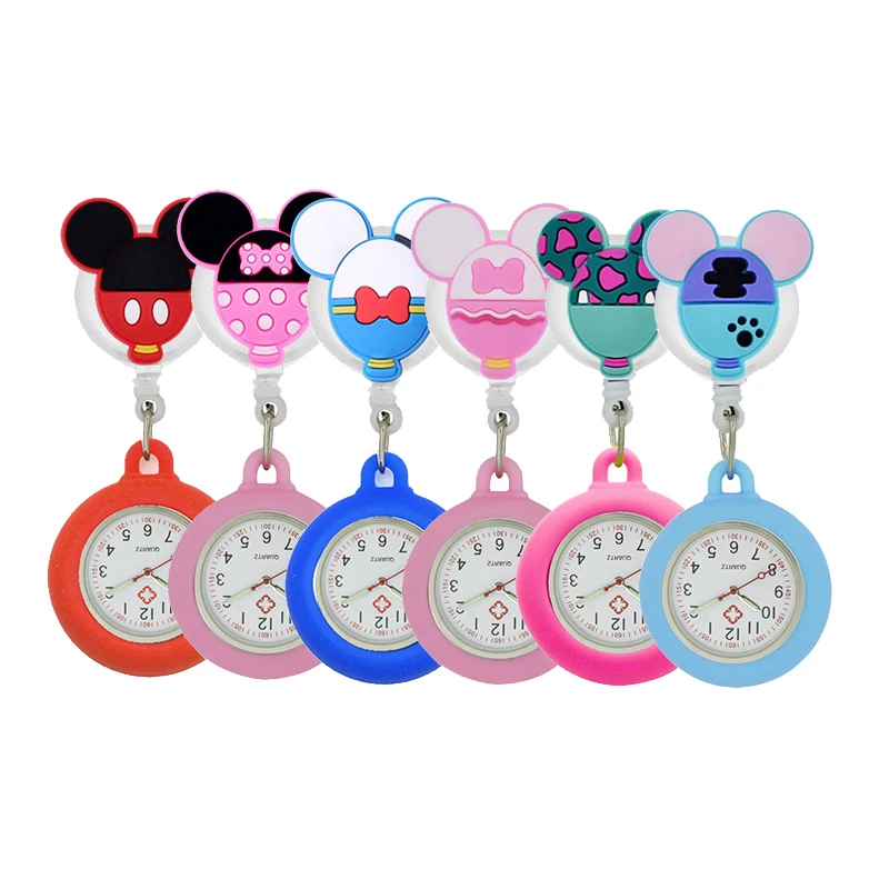 YIJIA Lovely Cartoon Retractable Badge Reel Pocket Nurse Watches with Colourful Silicone Case for Medical Workers