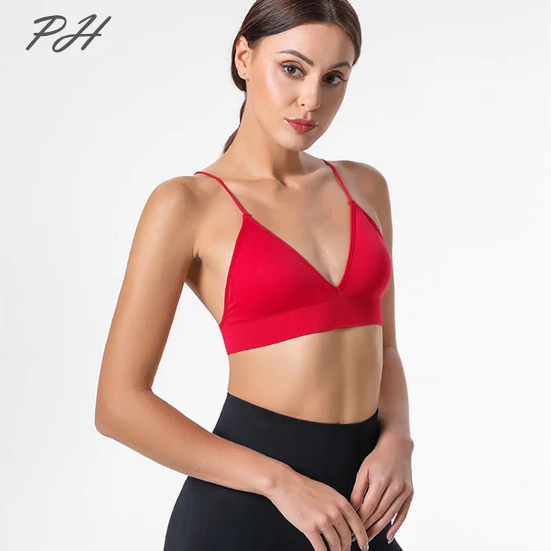 Nylonowy top do jogi z głębokim dekoltem V Seksowny biustonosz sportowy bez kości z trójkątnymi miseczkami Czerwony bezszwowy biustonosz push up damski Tube Top Crop Top