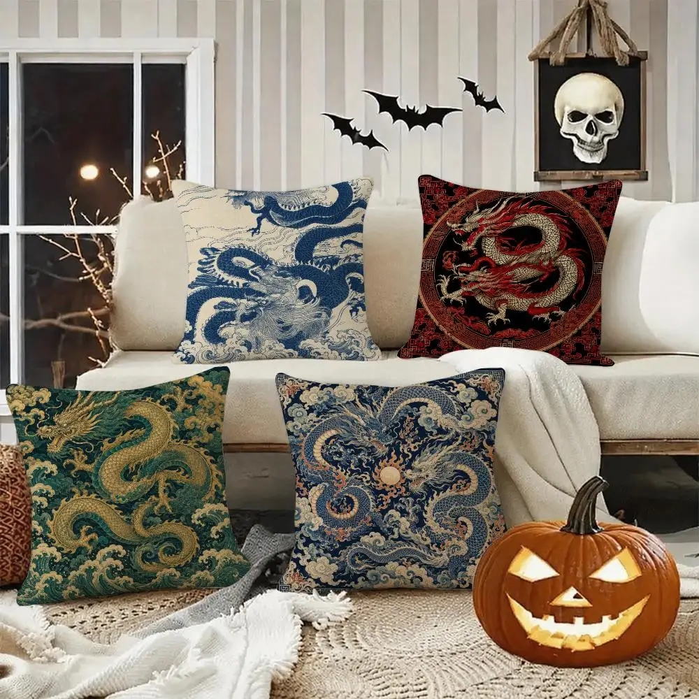 Vintage Dragon Pattern Art Cushion Cover Halloween decoration trick or treat cushion cover, ghost, pumpkin head, bat decoration