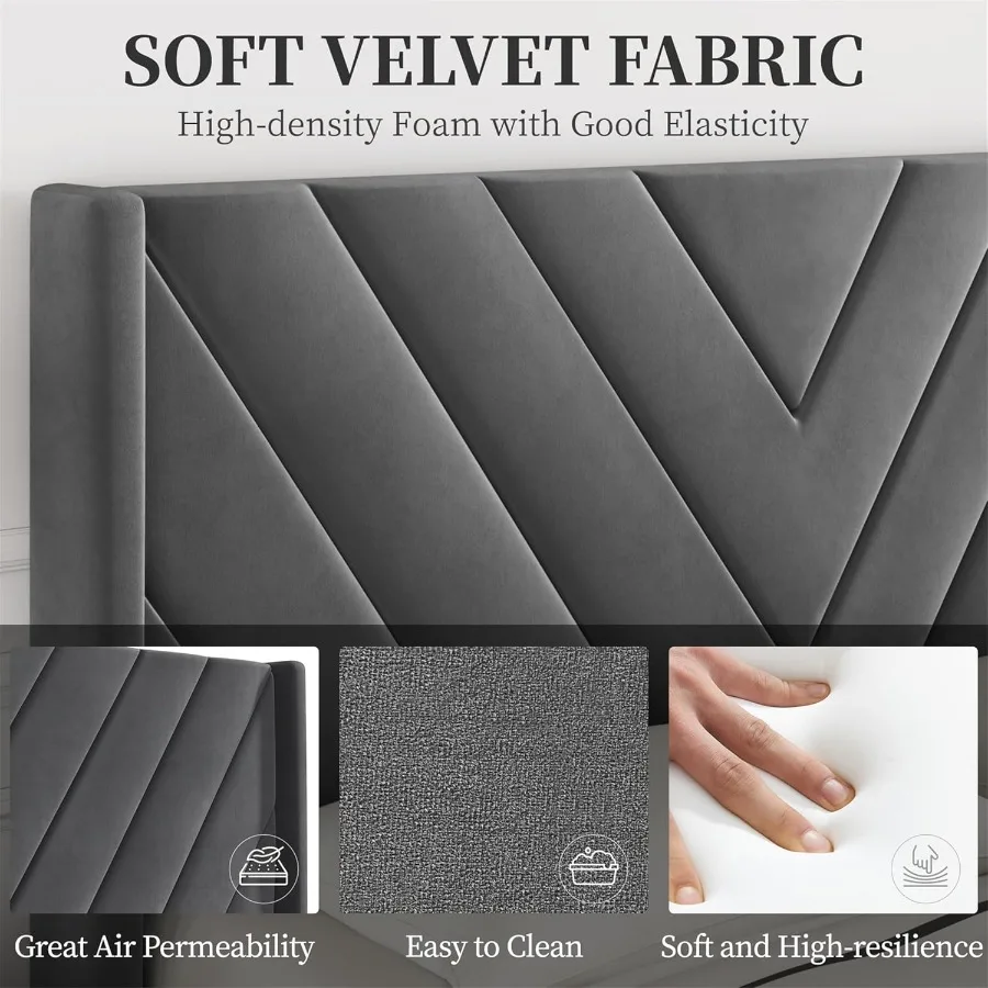 إطار سرير كوين، سرير بمنصة منجدة مع شريحة خشبية بجانب جناح تدعم اللوح الأمامي معنقدة مع كريم أساس للمرتبة الجانبية