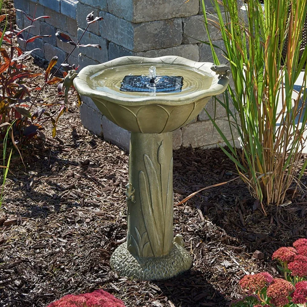 Solar Birdbath, Medium, Olive Green Outdoor bird bath suitable for gardens, terraces, and backyards