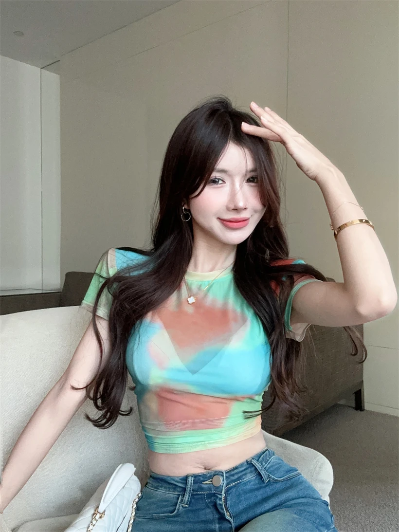 

Summer Lady Top Tie Dyed Short Sleeved Mesh T-shirt for Women Korea Fashionable Contrast Color See-through Blouses Black Green