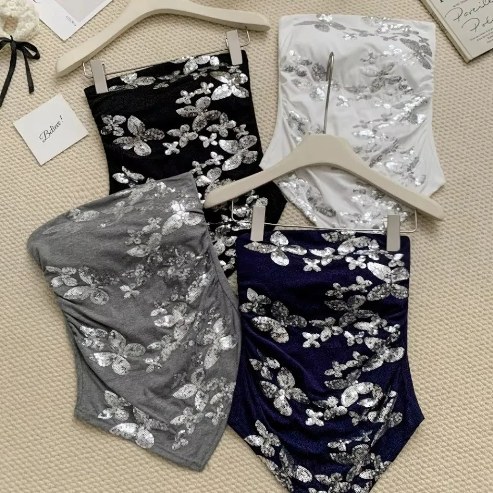 Sequin Butterfly Embroidery Strapless Tube Top Built-in Bra Slim Fit Women's Bandeau Vest Fixed Cup Design Irregular Hem