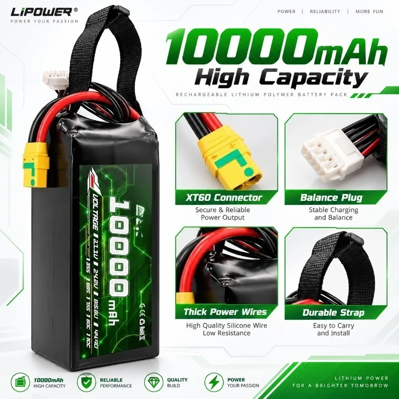 Drone Lipo Battery 10000mAh 25C High Rate 11.1V 22.2V Optional RC Model Lithium Battery for Multi‑Rotor Aerial Photography