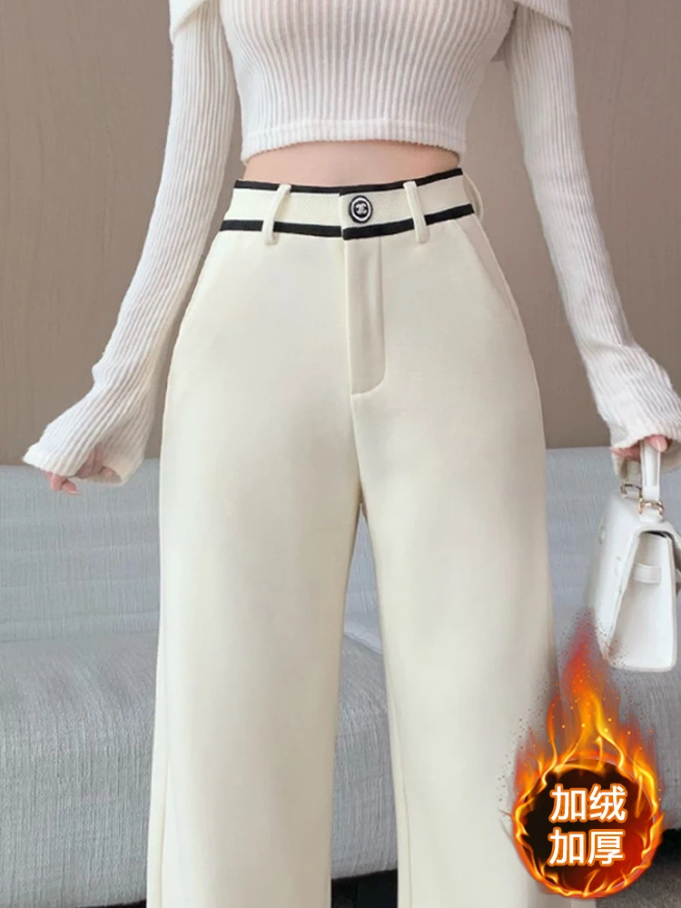 

Thick cashmere wide leg pants women's autumn and winter design sense contrasting color high waist loose floor length pants
