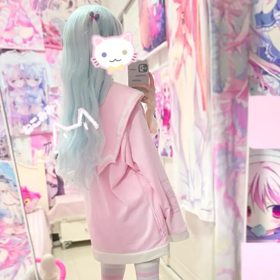 Camisolas estampadas com zíper Kitty, casaco fino estilo anime japonês, roupas góticas cosplay, top de gola marinheiro, novo, primavera, outono, 2024