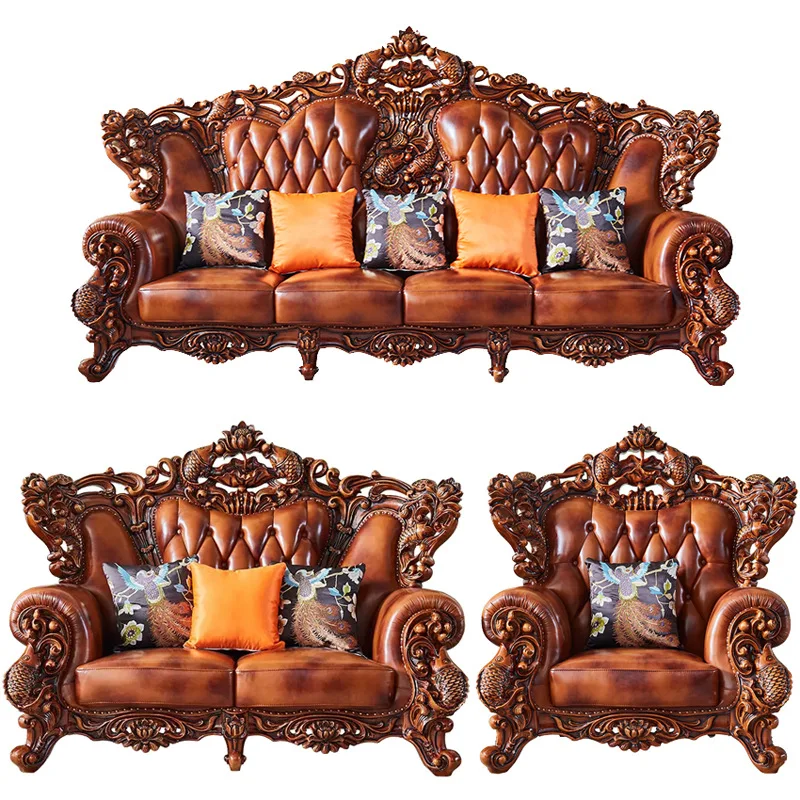 

European leather sofa 124 combination solid wood carving flower European sofa, large apartment villa living room