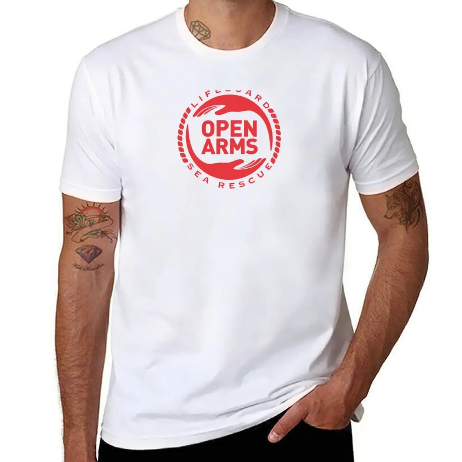 

Open Arms humanitarian organization lifeguard sea rescue T-Shirt funny t shirts dark humor cotton t shirt man T-Shirt
