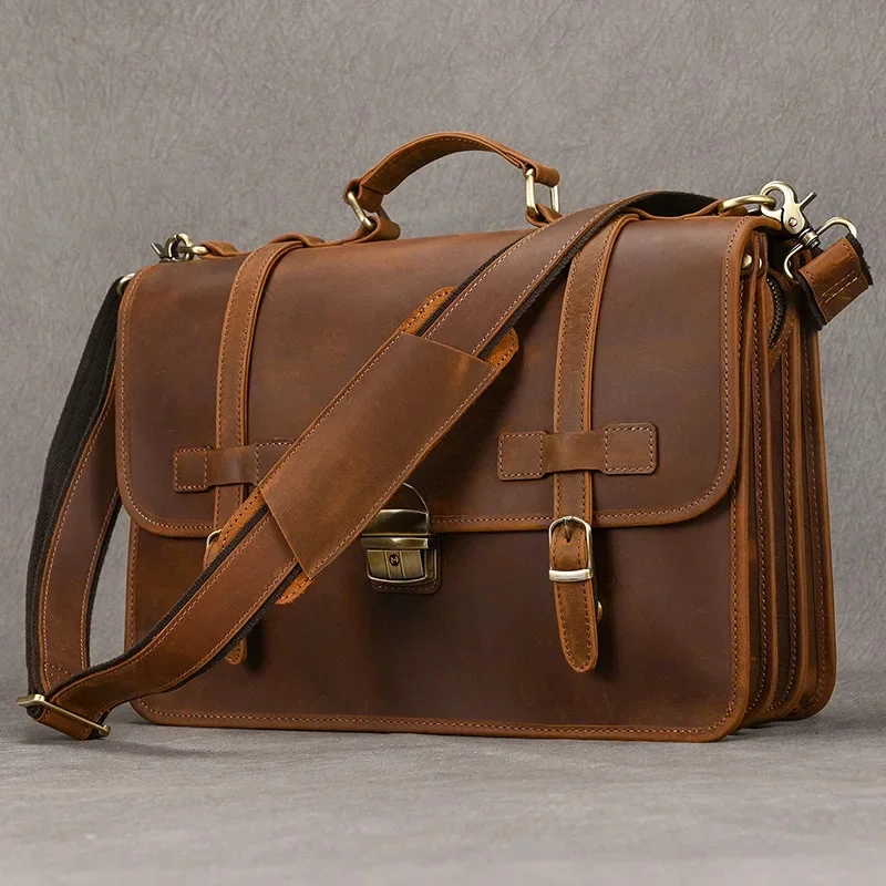 Luxury Designer Mans Male Genuine Business Brown Leather Briefcase Bag For Laptop Notebooks