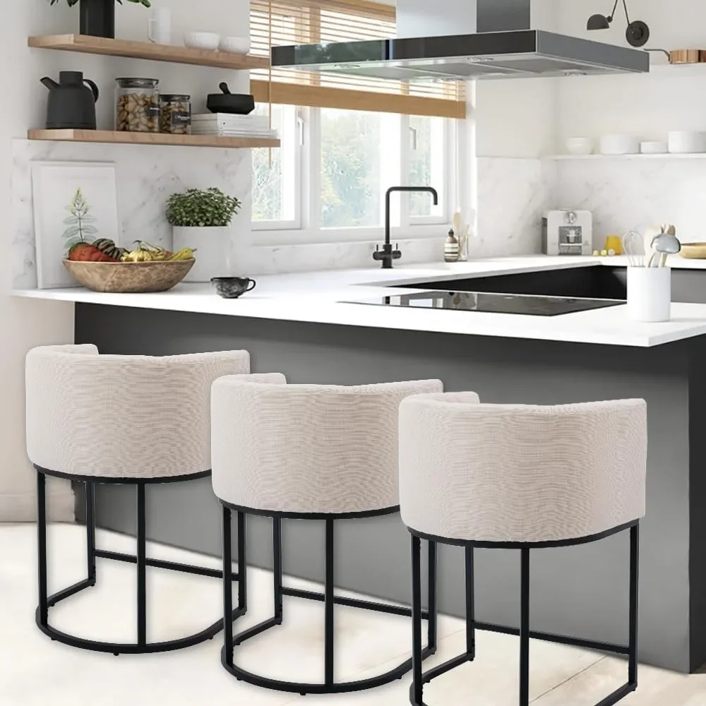 Estofados Tecido Counter Altura Barstools, Cozinha Ilha Counter Stools, aparafusados juntos, Black Base de Metal, Conjunto de 3, 24"