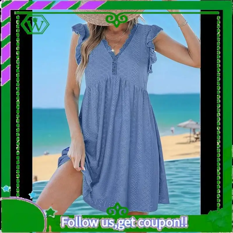 A18P-Vestido feminino de verão, manga plissada, decote em V, vestidos midi, moda casual, ajuste fluido, em camadas, boho, praia, férias, vestido de verão