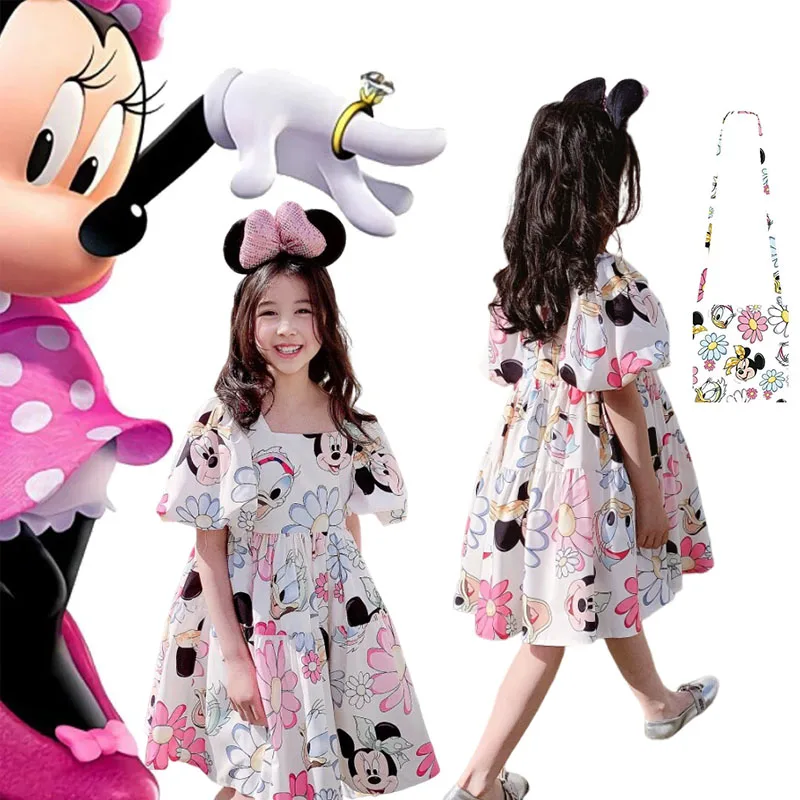 

2024 Mickey Minnie Mouse Korean Style Daisy Cartoon Puff Sleeve Clothes Summer Baby Girls Casual Dress Kids Backless Dress 2-8Y