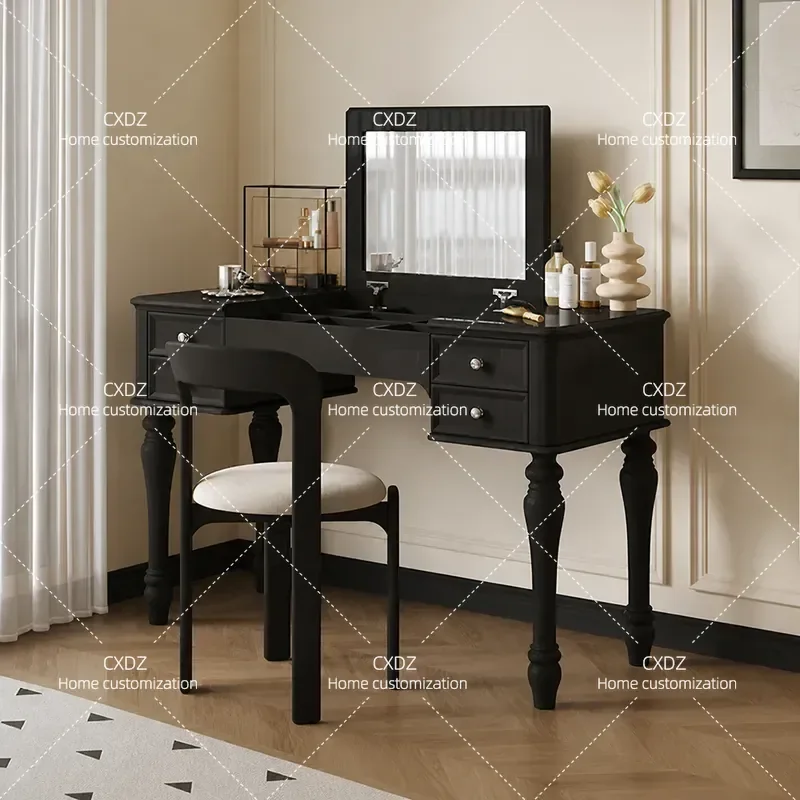 Retro Solid Wood Dresser Black Makeup Table with Mirror Modern Simple Flip Top Vanity Desk for Bedroom Light Luxury Style