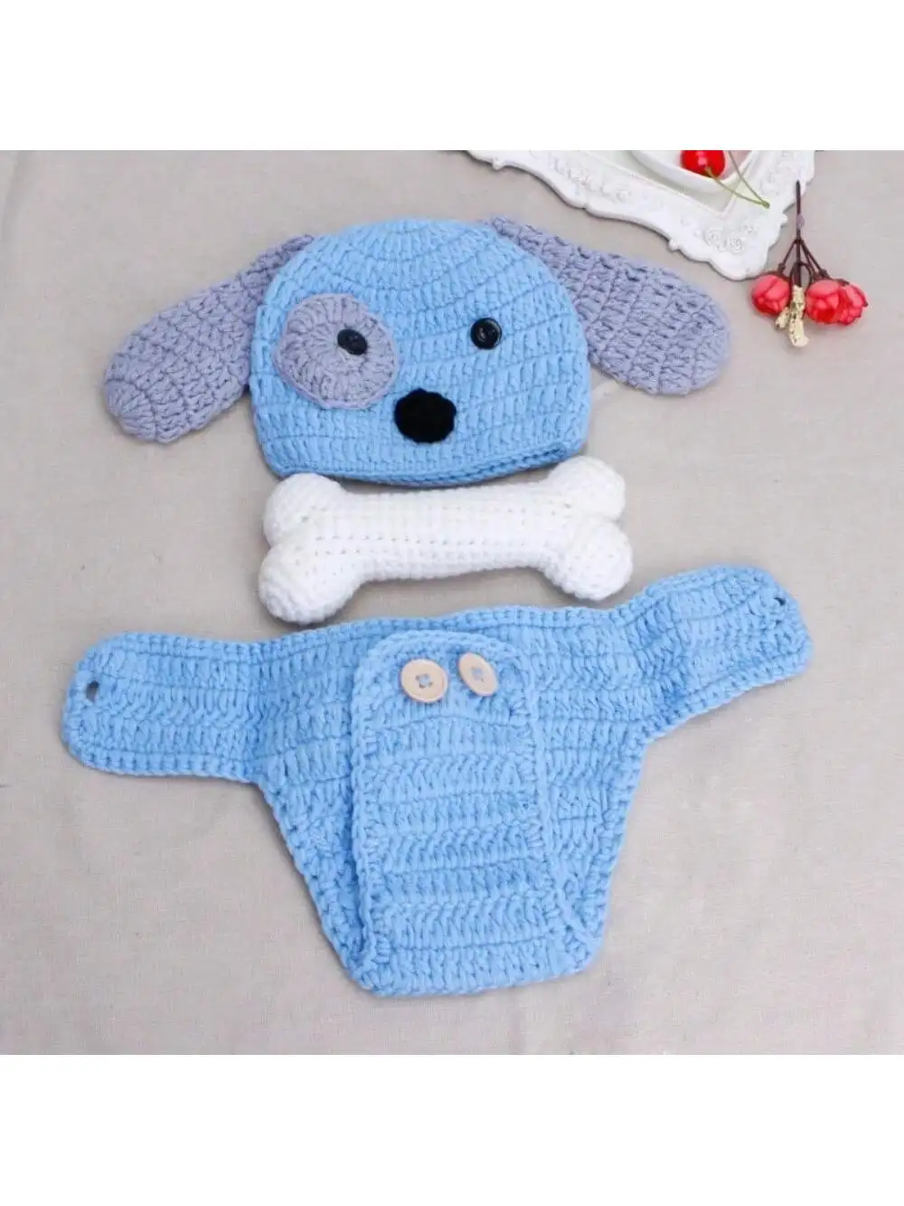 Newborn Photography Props Baby Puppy Costume Hat Cape Set Boy Girls Photo Shoot Props Outfits Crochet Knitted Dog Clothes Studio