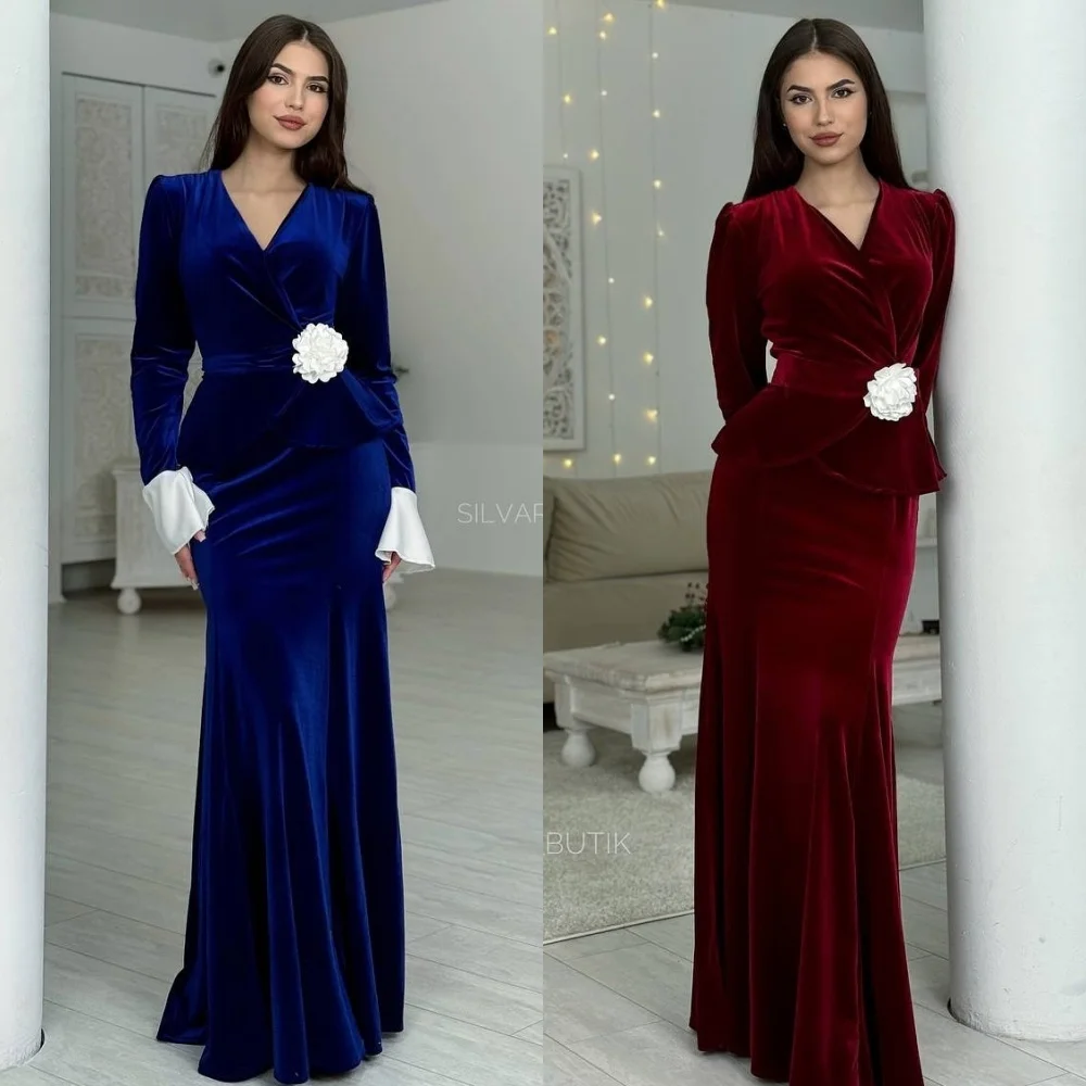 

Customized Matching Velour Pleat Flower Trumpet V-neck Long Dresses Bespoke Occasion High Quality