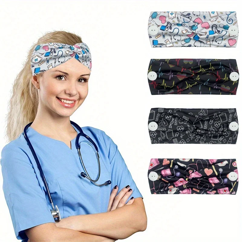 1-teiliges Krankenschwester-Stirnband für Damen mit Knopf, breites Stirnband, verwendet für Krankenschwestern, Ärzte, Schweißbänder, medizinische Versorgung, Sport, Yoga, Stirnband – Detail 1