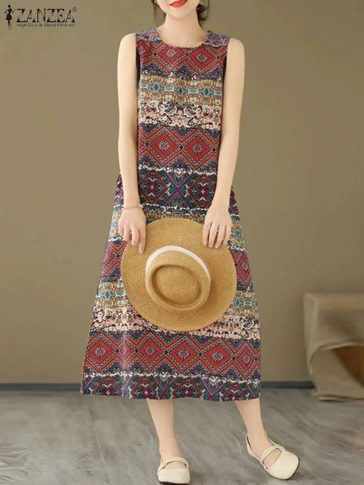 Women Bohemain Sleeveless Sundress ZANZEA Summer Printed Dress Vintage Beach Holiday Vestidos Casual O Neck Baggy Midi Dresses