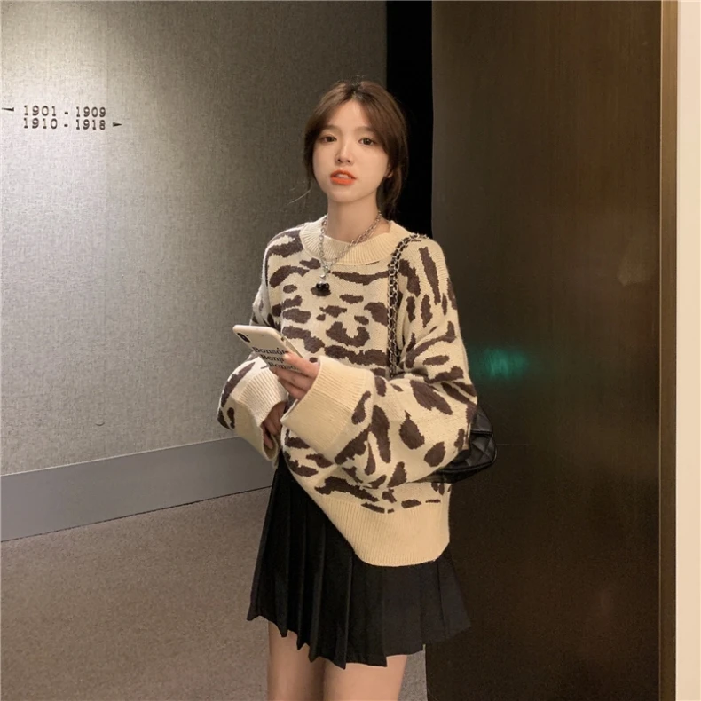 Women\'s Leopard Gothic Pullover Knitted Sweater Harajuku Korean 90s Y2k Long Sleeves Jumper Striped Sweaters Vintage 2000s