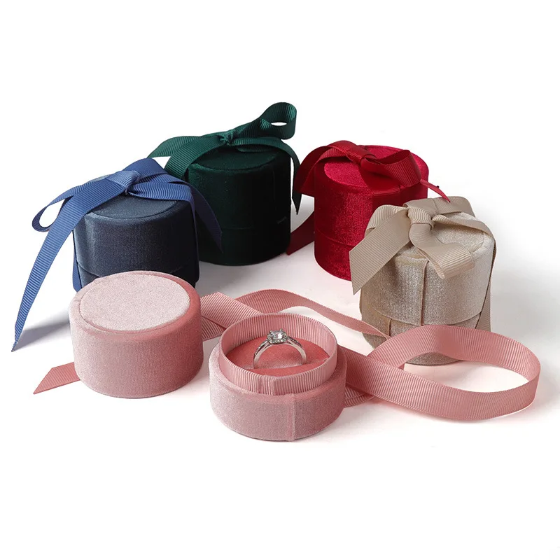 

Heart & Round Velvet Jewelry Box with Ribbon Bow - Ring/Earrings/Necklace Storage Case, Wedding Proposal Engagement Gift Box