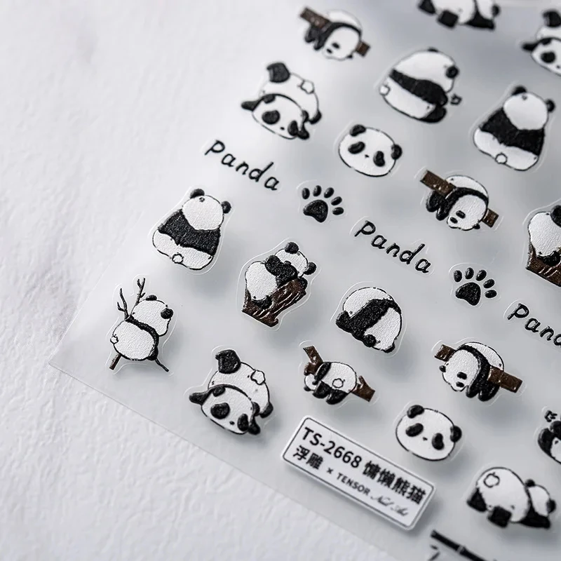 Panda Lovely Cartoon 5D Soft Embossed Reliefs Self Adhesive Nail Art Stickers Green Bamboo 3D Manicure Decals Wholesale