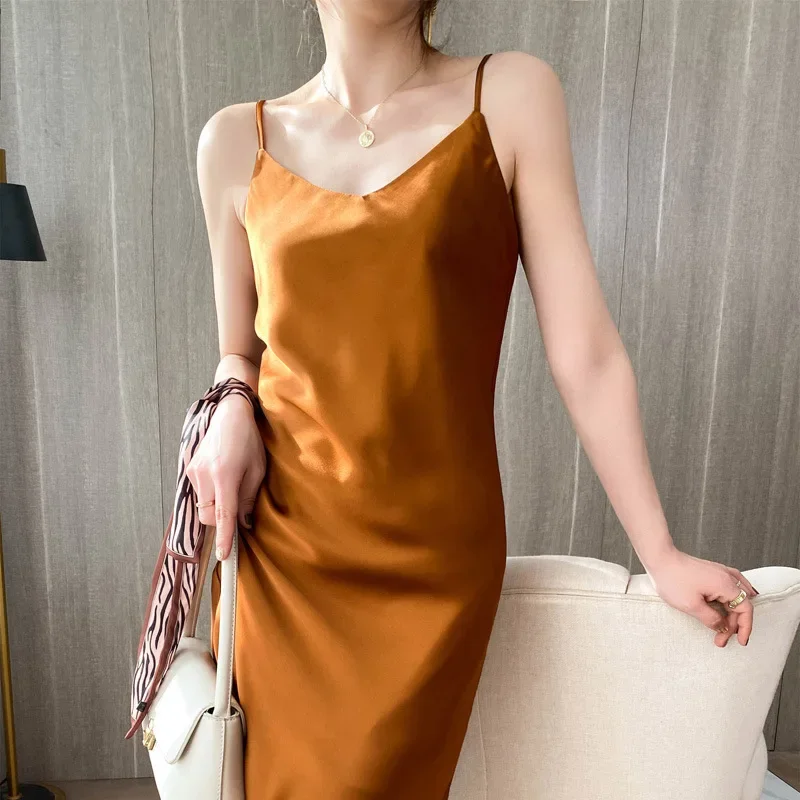 

Spring Summer Women's New V-Neck Slim Dress Satin Celebrity Sexy Sundress Long Skirt