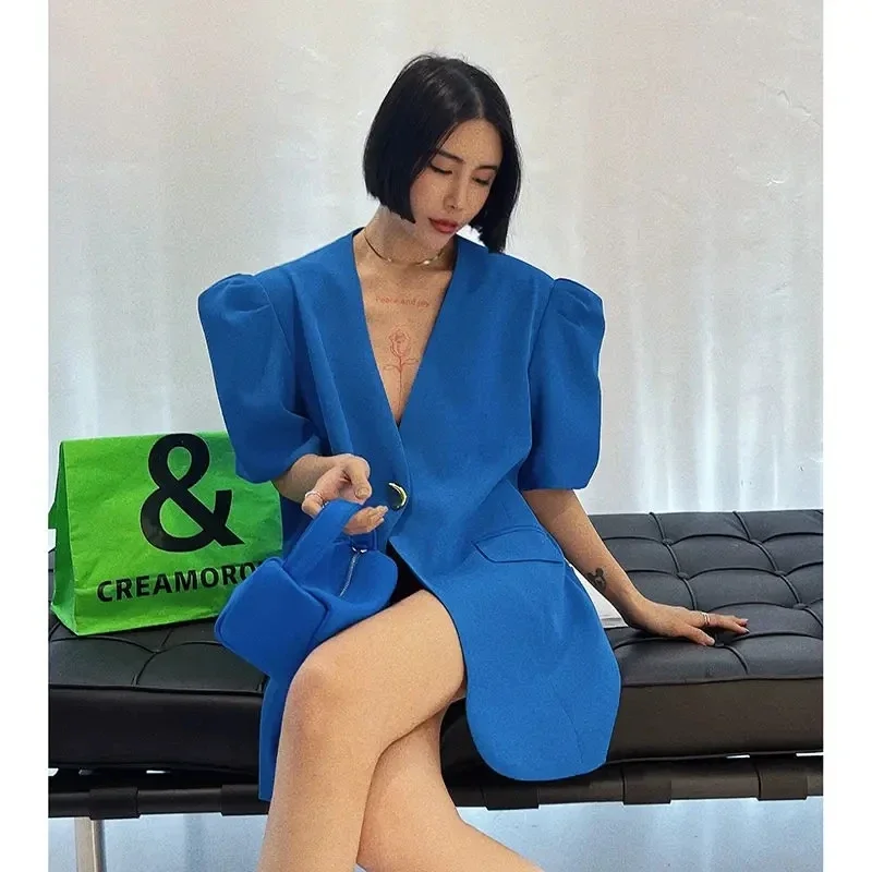 Korean Fashion V-neck Short Sleeve Blazer Women Spring and Summer Jacket Y2k Crop Top Business Casual Coats Blazers Femme