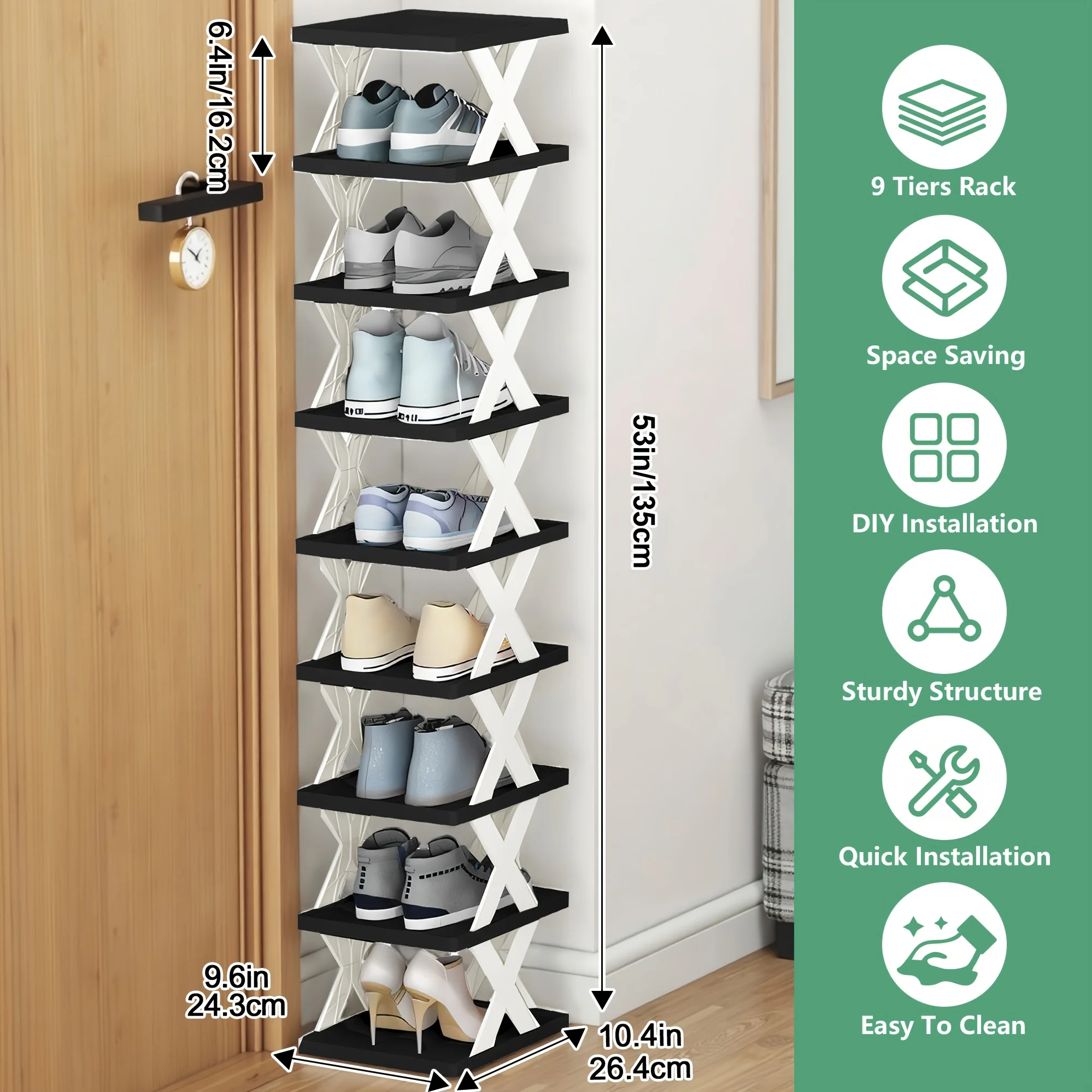 Quick Assembly No Tools Shoe Shelf, Vertical Multi Pair Shoe Organizer for Small Space