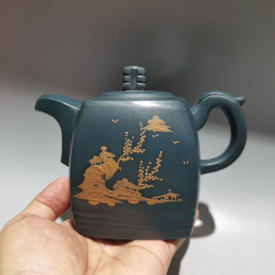 Yixing Purple Clay Teapot Raw ore green mud Mud painting Landscape engraving pattern Four sided teapot  Kettle Teapot