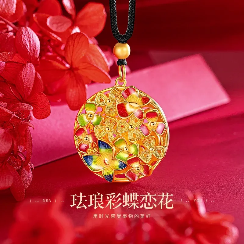 9999 Real Gold 24K Ethnic Style Retro Enamel Color Butterfly Love Flower Pendant Hollow Flower Silk Pendant Black Rope Necklace