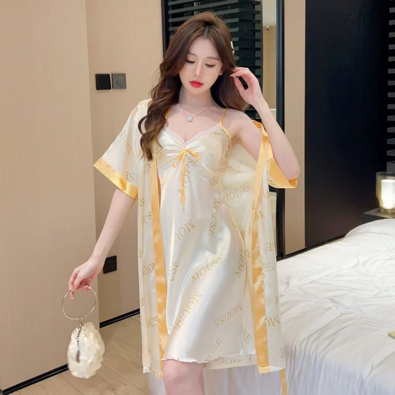 

Spring Summer Sexy Pajamas Women's Ice Silk Suspender Sleepwear Two-piece Set High-end Home Clothing Short Sleeved Loungewear