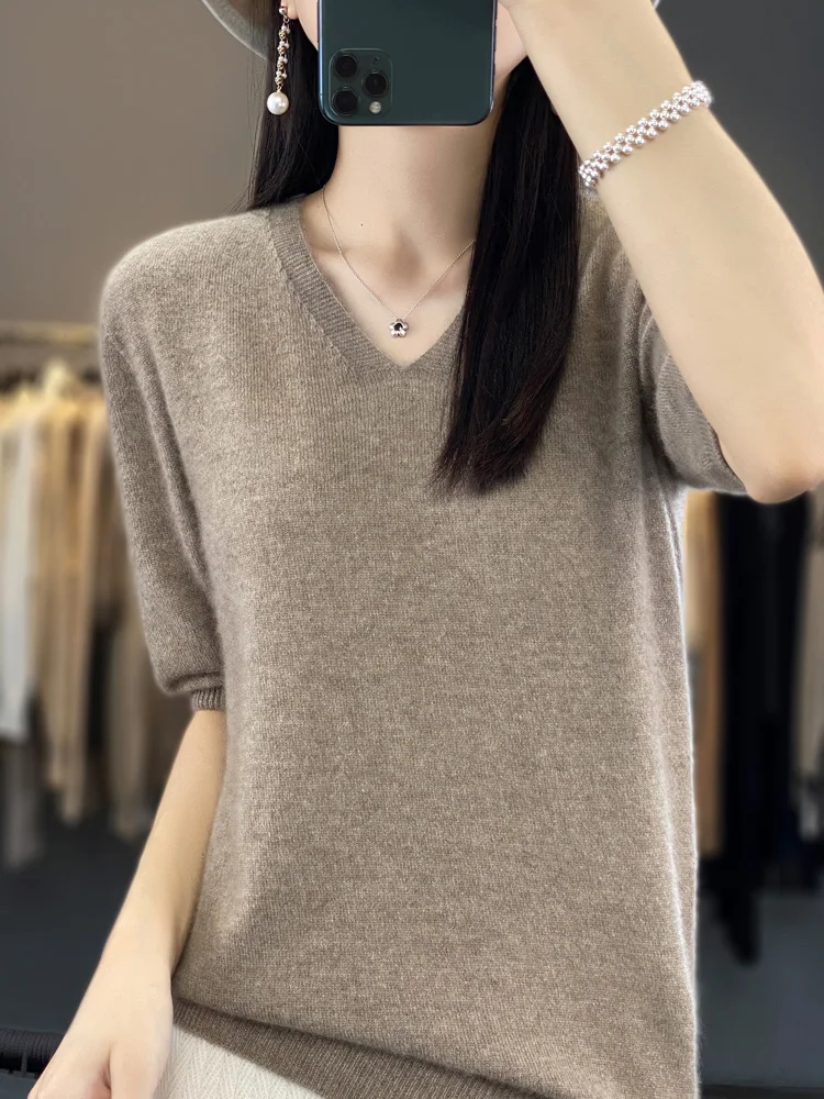 

2024 New Spring Summer Women Cashmere Sweater 100% Merino Wool Knitted Sleeve T-Shirt Pullover Mock Neck Fashion Casual Top