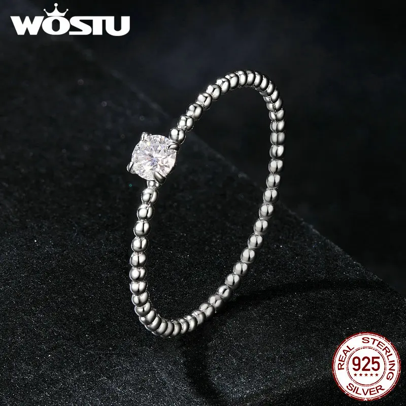 WOSTU Eenvoudige Ronde Moissanite Kralen Ring Vrouwen 925 Sterling Zilver Diamond Cut Stapelbare Ringen Meisje Party Engagement Band Gift