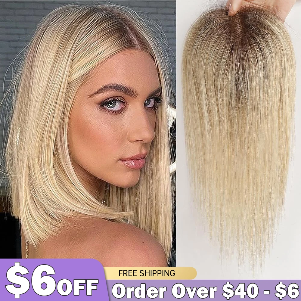 100% Remy Human Hair Toppers for Women Middle Part Blonde Golden Human Hair Pieces for Thinning Hair Silk Base Clip in Toppers