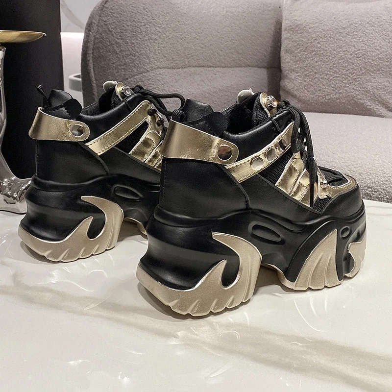 10CM New 2024 Spring Women Chunky Sneakers Heels Lace-up High Platform scarpe sportive donna scarpe in rete traspirante Sneakers in pelle