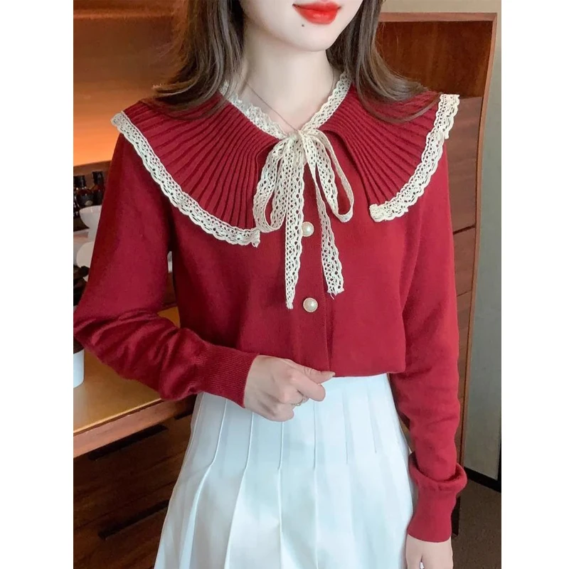 Women Stylish Lace-up Bow Patchwork Sweet Chic Knitted Sweater Autumn Winter Female Elegant Lace Long Sleeve Slim Pullover Tops