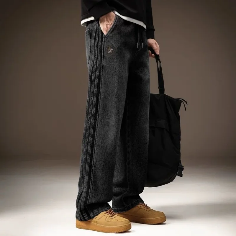 Spring/Autumn Fashion Trendy American Retro Striped Straight Leg Jeans Men's Casual Loose Fit Sports High Quality Denim Pants