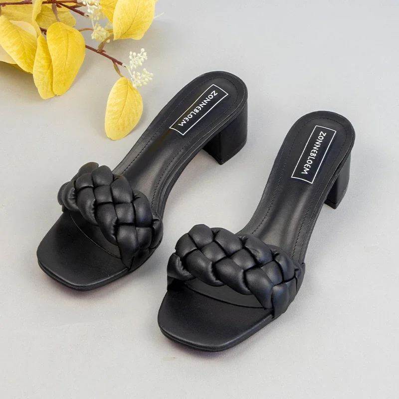 Chunky Heels Women Outside Slippers 2024 Summer Square Heel 5cm Woman Sandals Solid Leather Weave Fashion Designer Slides