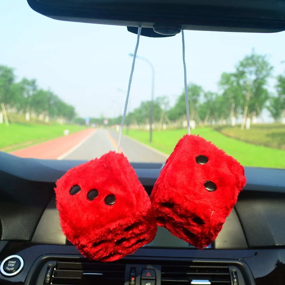 

2pcs Long Hair Hot Stamping Dot Dice Plush Toy Cube Pendant Car Ornament Sieve Anime Car Decoration Accessories Auto Pendant