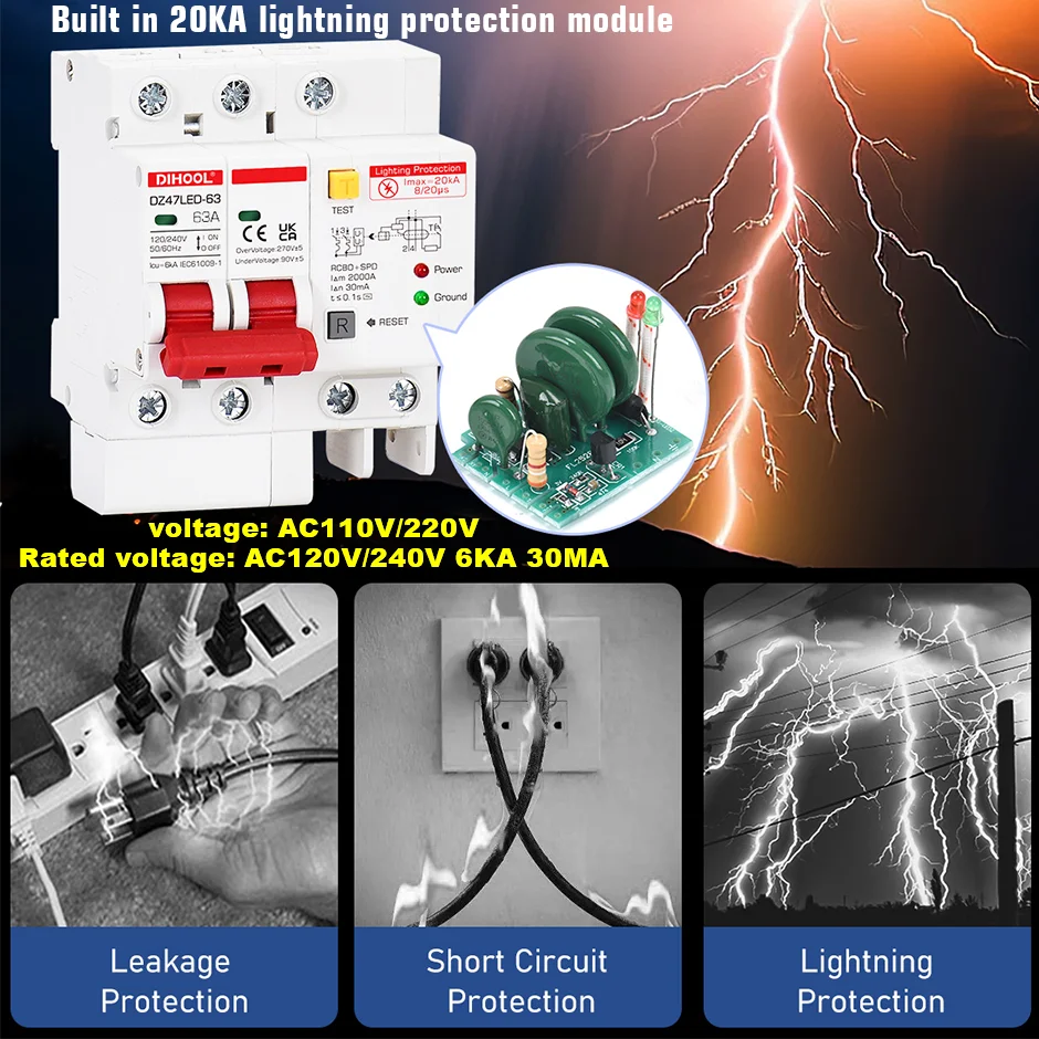 DZ47LED RCBO with SPD Lightning Protection Residual Current Circuit Breaker Earth Leakage 10A 16A 32A 40A 63A