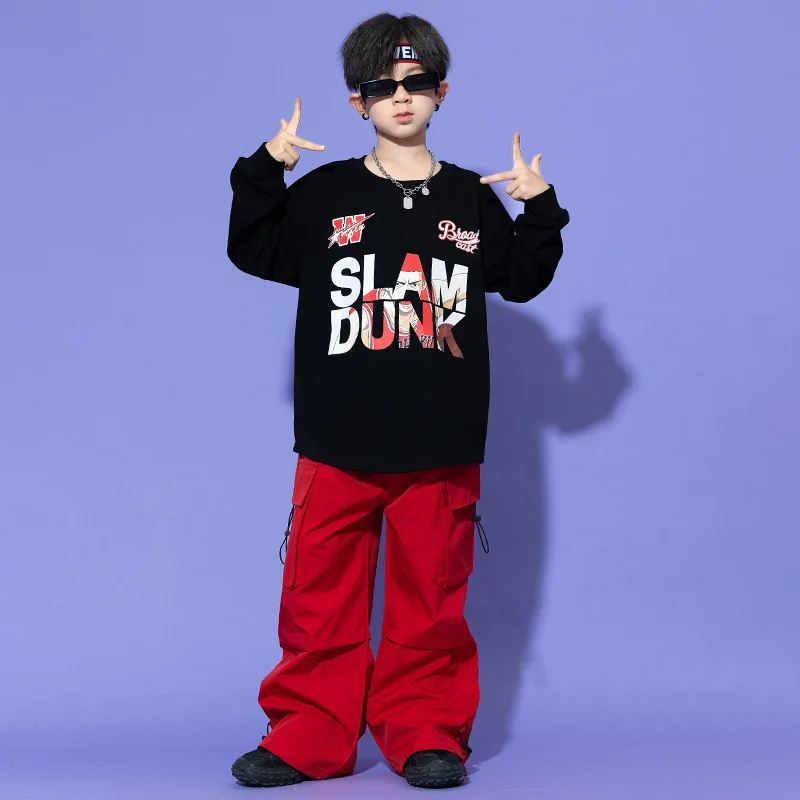 Costume hip-hop per ragazzi Top a maniche lunghe per ragazze Pantaloni cargo rossi Abiti da ballo jazz per bambini Abbigliamento da spettacolo Abbigliamento da palcoscenico