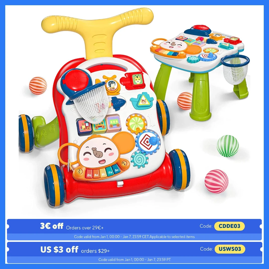 CUTE STONE Sit-to-Stand Walker, 2-in-1 Baby Activity Center, Play Panel, Music Learning Toy